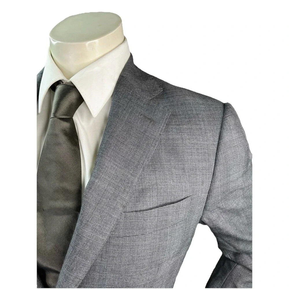 J Hilburn Vitale Barberis Men 36R Blazer European Fit Gray Wool Glen Plaid
